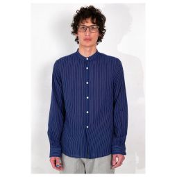 Band Collar Long Sleeve Shirt - Blue/White Stripe