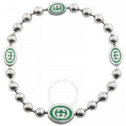Ladies Interlocking G Green Enamel Silver Boule Chain Bracelet, Size 18