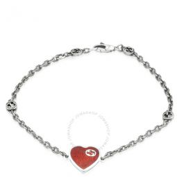 Heart Aged Finish Sterling Silver And Red Enamel Bracelet, Size 17
