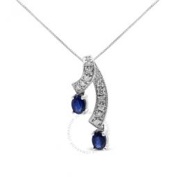 14K White Gold 5x4 MM Oval Shaped Natural Blue Sapphire and Diamond Accent Double Drop Ribbon 18 Pendant (J-K Color, SI2-I1 Clarity)