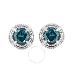 .925 Sterling Silver 1/2 cttw Treated Blue Diamond Modern 4-Prong Solitaire Milgrain Stud Earrings