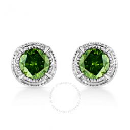 .925 Sterling Silver 1/3 cttw Treated Green Diamond Modern 4-Prong Solitaire Milgrain Stud Earrings