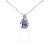 .925 Sterling Silver 9x7mm Oval Purple Amethyst and Round Diamonds 1/50 Cttw Fashion Drop Pendant (I-J Color, I1-I2 Clarity)