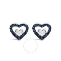 925 Sterling Silver 1/6 Cttw Blue Diamond Open Double Heart Stud Earrings (Treated Blue Color, I3 Clarity)