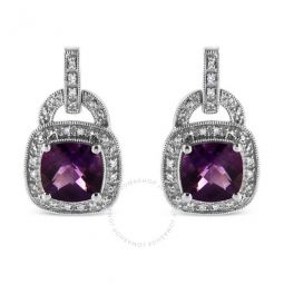 .925 Sterling Silver 8MM Natural Cushion Shaped Amethyst,Accent Halo with Push Back Dangle Earrings