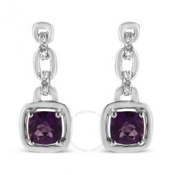 .925 Sterling Silver 6x6MM Cushion Shaped Natural Purple Amethyst, Accent Drop and Dangle Earrings