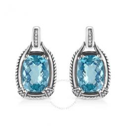 .925 Sterling Silver 14x10MM Cushion Cut Blue Topaz Gemstone and Diamond Accent Dangle Earring