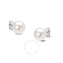 14K White Gold Round Freshwater Akoya Cultured 8-8.5MM Pearl Stud Earrings AAA+ Quality