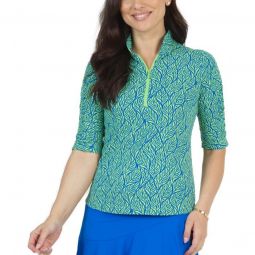 IBKUL Womens Sally Print Ruched Elbow Length Sleeve Golf Top