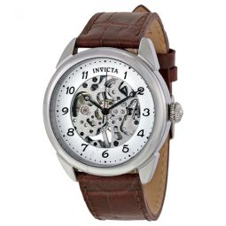 Specialty Silver Skeleton Dial Brown Leather Mens Watch