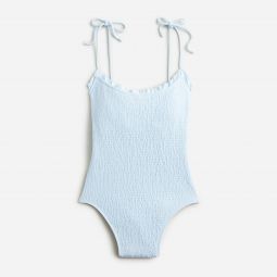 Smocked tie-shoulder one-piece swimsuit