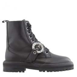 Ladies Cora Black Leather Crystal Combat Boots, Brand Size 34 ( US Size 4 )