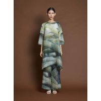 Shale Raglan Printed Organza Silk Side Slit Dress - Roots Print