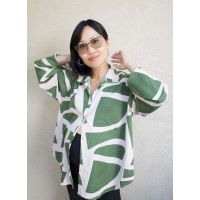 Annato Long Sleeve Button-Up Collar Shirt Unisex Green La Gang Leaf Print - Multi