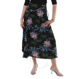 Black Botanical-Print Wrap Skirt, Brand Size 38 (US Size 6)