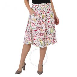 Ladies Multicolor Floral Paint Print Asymmetric Gathered Skirt, Brand Size 38 (US Size 6)