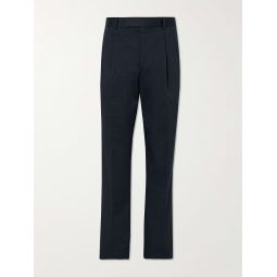 Straight-Leg Pleated Cotton-Blend Twill Trousers