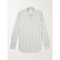 Grandad-Collar Striped Linen-Blend Shirt