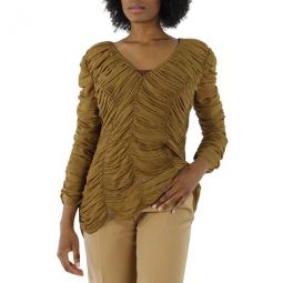 Ladies Khaki Brown V-Neck Ruched Silk Blouse, Size 6
