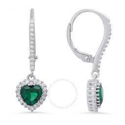 Sterling Silver Heart-cut Emerald CZ Birthstone Halo Leverback Earrings