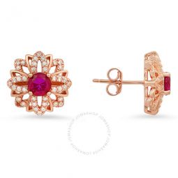 14k Rose Gold Over Silver Ruby CZ Floral Stud Earrings