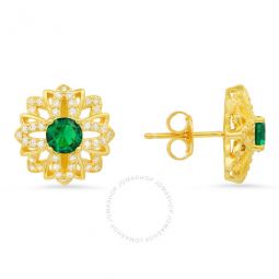 14k Gold Over Silver Emerald CZ Floral Stud Earrings