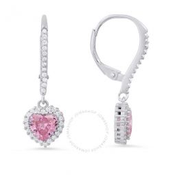 Sterling Silver Heart-cut Pink Sapphire CZ Birthstone Halo Leverback Earrings