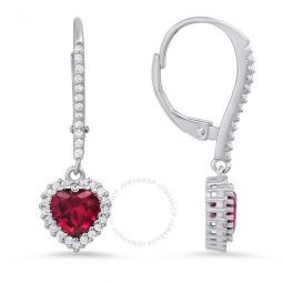 Sterling Silver Heart-cut Ruby CZ Birthstone Halo Leverback Earrings