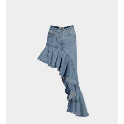 Asymmetric Frill Denim Skirt - Blue