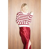 Devi Distressed Cable Knit Sweater - Ivory/Burgundy Stripe