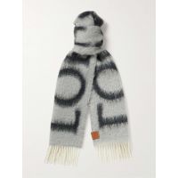 Fringed Leather-Trimmed Jacquard-Knit Scarf