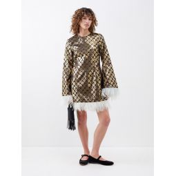 Twiggy feather-trim leopard-brocade mini dress