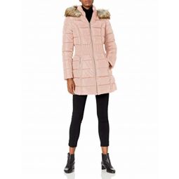 3/4 Puffer Cinched Waist Faux Fur Hood - Dusty Pink