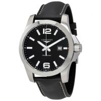 Conquest Black Dial Black Leather Mens 43mm Watch