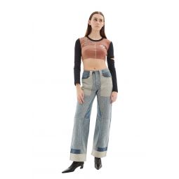 Regenerated Graphic T-Shirt Patchwork Cropped Top - Brown/Black