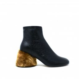 FAUX-FUR HEELED ANKLE BOOTS - BLACK