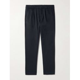Tapered Pleated Garment-Dyed Cotton-Blend Twill Trousers