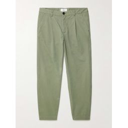 Tapered Pleated Garment-Dyed Cotton-Blend Twill Trousers