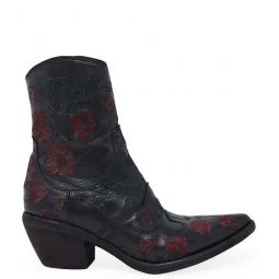 MADISON MAISON LEATHER EMBROIDERED ANKLE BOOT - BLACK