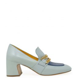 LEATHER MID HEEL CHAIN LOAFER - TURQ/BLUE