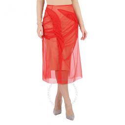 Ladies Red Tulle-Overlay Asymmetric Skirt, Brand Size 38 (US Size 4)