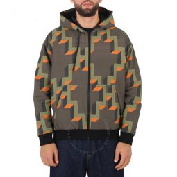 Mens Army Orange Geometric-Print Hooded Jacket, Size Small