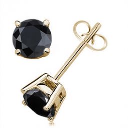 1/4 Carat Natural Round Black Diamond Prong Set Stud Earring In 14K Black & Yellow Gold