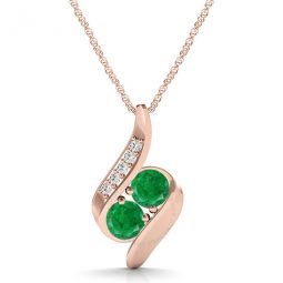 1.00 Carat Round Emerald & White Diamond Gemstone Pendant In 14K Rose Gold With 18 14k Rose Gold Plated Sterling Silver Box Chain