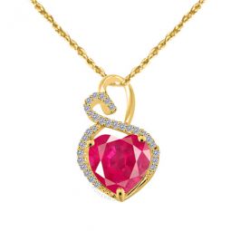 4 Carat Heart Shape Ruby Gemstone And White Diamond Pendant In 14k Yellow Gold With 18 14k Yellow Gold Plated Sterling Silver Box Chain