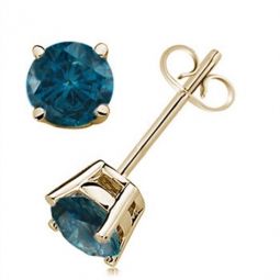 0.20 Carat Natural Round Blue Diamond Prong Set Stud Earring In 14K Blue & Yellow Gold