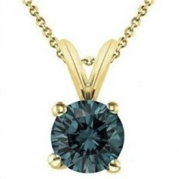 Blue Round 0.20 Carat Diamond Solitaire Pendant In 14K Yellow Gold With 18 14K Yellow Gold Plated Sterling Silver Box Chain