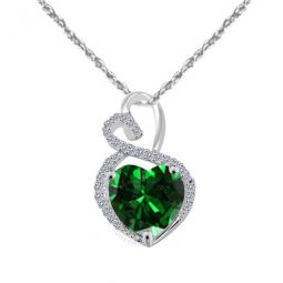 1.25 Carat Heart Shape Emerald Gemstone And White Diamond Pendant In 10k White Gold With 18 10k White Gold Plated Sterling Silver Box Cha
