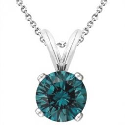 Blue Round 0.20 Carat Diamond Solitaire Pendant In 14K White Gold With 18 14K White Gold Plated Sterling Silver Box Chain