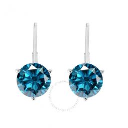 0.20 Carat Round Natural Blue Diamond 3 Prong Set Leverback Earrings For Womens In 14K Solid White Gold